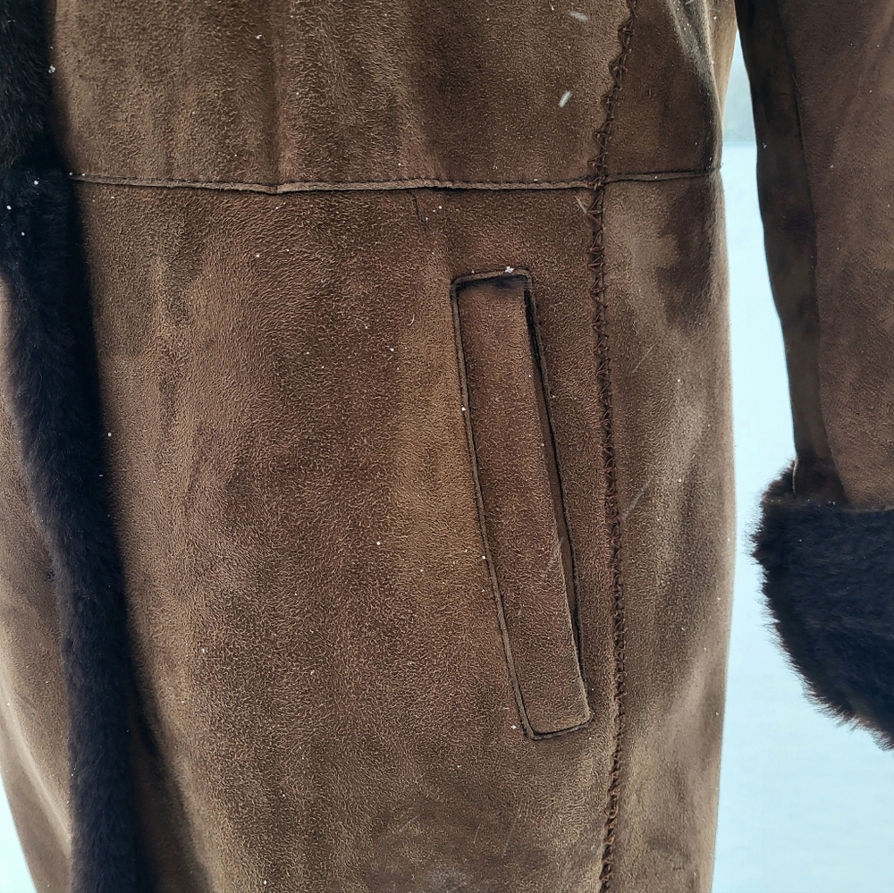 Womens' Long Brown Vegan Sherpa Coat Davide Cenci - Picture 5 of 12